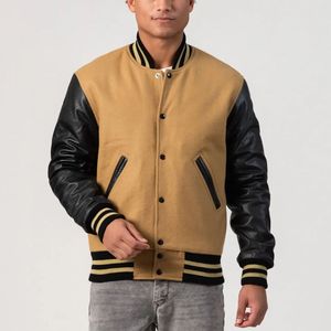 Chaqueta Varsity de Cuero para Hombre con Mangas Color Bronceado, Cuello Camisero, Cierre de Botones, Estilo Preppy, Ropa de Otoño - Product Image 4