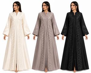 Elegant Embroidered <b>Wool</b> Casual Abaya Women Long Sleeve Floor Length High Neck Floral Pattern Loose Fit Anti-shrink Spring - Product Image 1