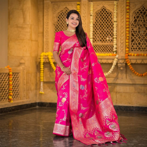 Sari en soie Banarasi de qualité supérieure, look traditionnel, pour femmes, avec chemisier de la même couleur, provenant d'un fournisseur indien, au meilleur prix. - Product Image 1