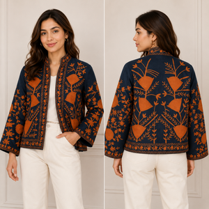 Floral Embroidered Cotton <b>Jacket</b> With Mandarin Collar Three Quarter Sleeve Prairie Chic Style Spring Wear - Product Image 2