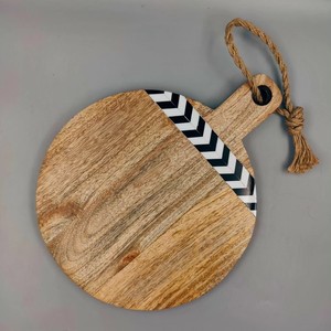 Round Wooden Chopping <b>Board</b> With <b>Black</b> White Chevron Pattern Handle And Rope Loop - Product Image 5