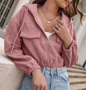 New Trend Women's Winter Hooded <b>Zip</b>-<b>Up</b> <b>Jacket</b> Casual Drawstring Pocket Breathable Short Crop Design Woven Solid Pattern Autumn - Product Image 2