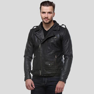 Chaqueta de Motociclista de Cuero Genuino Negro para Hombre, Chaqueta de Moto con Cierre Asimétrico, Corte Ajustado, Abrigo de Piel de Vacuno Genuina con Cinturón en la Cintura - Product Image 1