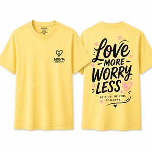 Camiseta Amarilla de Manga Corta para Hombre Sangita Garments, Cuello Redondo, Corte Regular, 100% Algodón, Estampada, Ecológica, 180g, Love More Worry Less - Product Image 1