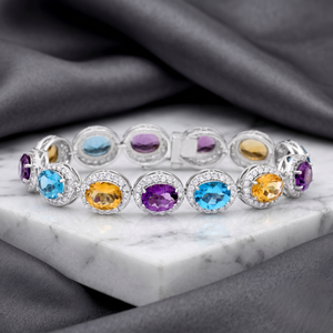 Wholesale 925 <b>Solid</b> Sterling <b>Silver</b> Natural Oval Multi Gemstone CZ Halo Tennis <b>Bracelet</b> Fine Jewelry Memoria Jewels - Product Image 5