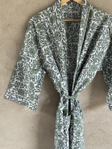 Resort Wear Bohemian V-neck Women's Long Sleeve Cotton Hand Block Print <b>Kimono</b> Robe Belt Closure Lightweight Summer <b>Beach</b> Cover - Product Image 2