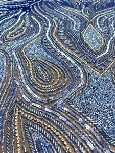 Tissu de luxe bleu brodé à la main avec strass 3D et paillettes pour robe de soirée haute couture, robe de mariée, robe de bal, confection sur mesure - Product Image 5