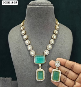 Luxury Aqua Green Pendant Necklace Set <b>Black</b> <b>Polish</b> Gold Plated Brass Designer Party Wear Wedding Jewelry for Women Set - Product Image 2