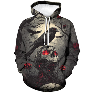 Sudadera con Capucha de Alta Calidad para Hombre con Gráfico de Calavera de Cuervo Gótico Espeluznante, en Poliéster/Algodón Suave - Product Image 3