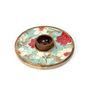 Plateau de service en bois de manguier avec bol à sauce, imprimé floral, résistant à la chaleur, sûr pour les aliments, plateau à collations pour chips, sauces et apéritifs - Product Image 1