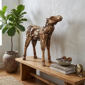 Handcrafted <b>wooden</b> reindeer sculpture <b>rustic</b> teak driftwood animal statue standing forest floor decoration frames space unit now - Product Image 5