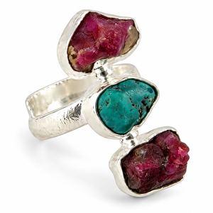 Anillos de Plata de Ley 925 con Bisel de Rubí Rojo y Turquesa, Estilo Bohemio Moderno, Joyería Única Certificada para Unisex - Product Image 3