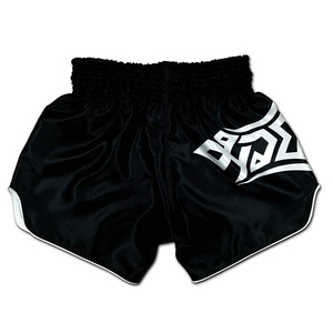 Shorts de boxe Muay Thai pour hommes, noir et blanc, imprimé tribal, séchage rapide, polyester, coupe classique, vêtements d'arts martiaux - Product Image 2