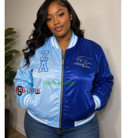Meilleures ventes : Veste universitaire courte en soie, style Sorority, couleurs contrastées, Zeta Amicae, respirante, broderie en laine, fermeture éclair, bas contrastant, grandes tailles