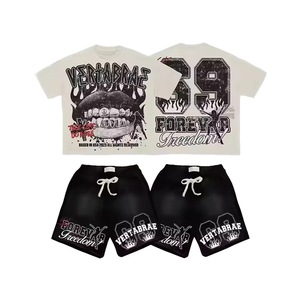 High Quality Men's Casual Summer Terry Cotton Short <b>Sets</b> Two-Piece Raw Hem <b>Knitted</b> DTF Printed 220 GSM Short Sleeves Short <b>Set</b> - Product Image 2