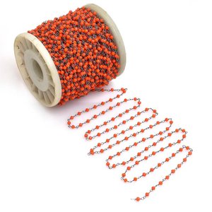 Chaîne de chapelet en corail rouge hydro, perles rondes facettées de 3 mm, fil plaqué bronze, enroulé, en rouleau, pour la fabrication de bijoux - Product Image 1
