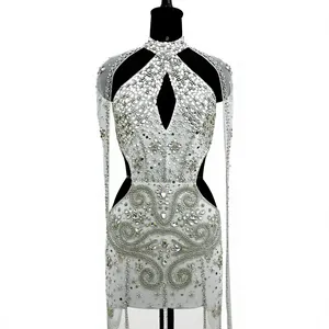 Robe de soirée élégante ornée de strass, sexy, avec découpe en V et fente haute, pour femmes - Product Image 6