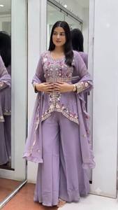 Conjunto de Salwar Kameez Morado Bordado Elástico con Volantes, Palazzo y Dupatta, para Bodas y Fiestas, Ropa Tradicional India de Secado Rápido, Talla XL para Mujer - Product Image 3