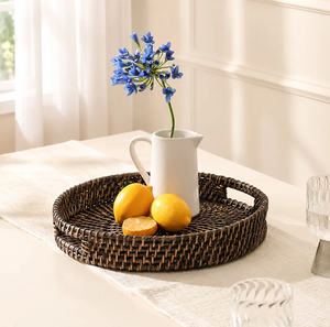 Plateau rond en rotin tressé à la main, grand format, simple et élégant, avec poignées, style bohème, pour la décoration moderne de la maison - Product Image 3
