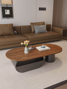 Modern Wooden <b>Coffee</b> <b>Table</b> with <b>Walnut</b> Top Asymmetrical Metal Base and Open Storage for Living Room Home Apartment - Product Image 2