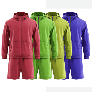 Unisex Lightweight Hooded Rain <b>Tracksuit</b> Set Solid Color Full Sleeve Zipper Fly Windbreaker Shorts Jacket Two Piece - Product Image 2