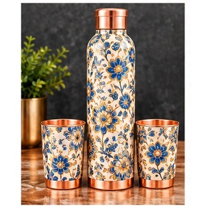 Botella de Agua de Cobre Hecha a Mano con Diseño de Hojas Tropicales, Juego de Bebederos Portátiles para Viaje - Product Image 3