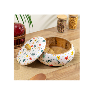 Polished Solid Wood Chapati Box-Souvenir for Kitchen Use Round Design with <b>Lid</b> white flower design - Product Image 1