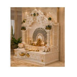 Designer Marble Look Wooden Temple with Peacock Carvings Custom Made Handcrafted Pooja <b>Mandir</b> For Home Teak Wood Puja Unit UK - Product Image 1
