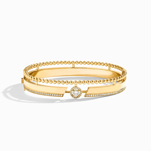 Wunderschönes Mehrstufiges Labor-Diamant-Armreif aus Gelbgold mit Perlensträngen und Zentraler Halo-Fassung Atemberaubendes Mehrschichtiges Design - Product Image 1