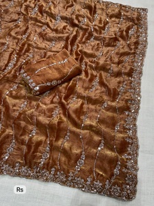 Sari de Seda Satinado Tradicional de Lujo, Hecho a Mano, con Cuentas y Lentejuelas, Bordado de Diseñador, para Mujer, para Fiestas de Diwali - Product Image 3