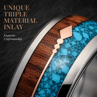 Bague en carbure de tungstène poli bombé de 8 mm avec incrustation turquoise et bois, flèche en or rose pour homme - Vente en gros