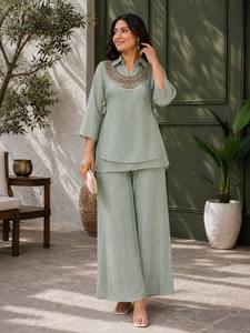 Ensemble indien pakistanais vert menthe brodé, coupe ample, Kurta et Pantay imprimés, tenue tissée pour femme, idéal pour les fêtes et les tenues décontractées - Product Image 1