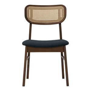 Modern Dark Walnut Dining Chair with Synthetic Rattan <b>Backrest</b> Padded Fabric Seat Chair Mid Century Kitchen Furniture - Product Image 2