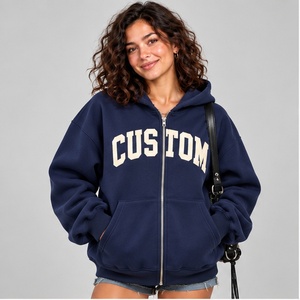Navy <b>Blue</b> Custom Applique Zip Up Hoodie <b>Women</b> Oversized Heavyweight <b>Fleece</b> Sweatshirt Drop Shoulder Casual Winter Jacket - Product Image 1