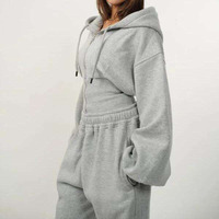 Ensemble de survêtement polaire de luxe personnalisé pour femme, comprenant un sweat à capuche court style corset et un pantalon de survêtement large, avec manches lanternes oversize - Fabricant