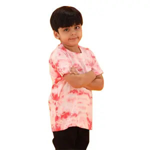 100% Knitted Pure Cotton Fabric Regular Length Round Neck Half Sleeves Pink Tie and Dye T Shirt for Boys