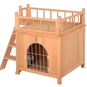 Natural Wood 2 Level Cat House with Lockable Wire Door Pet Furniture - Product Image 1
