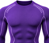 T-shirt de compression à manches longues pour homme, violet, séchage rapide, respirant, écologique, color-block, en nylon et polyester, pour entraînement sportif
