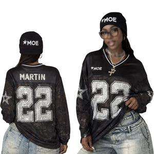 Custom Rhinestone American Football Jersey & Beanie <b>Set</b> Long Sleeve Mesh Streetwear Private Label Bling Number Apparel Factory - Product Image 1