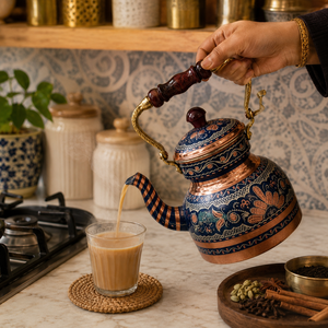 Handmade Turkish Copper Tea Kettle Blue Enamel Copper Tea Pot Traditional Wooden Handle <b>Teapot</b> OEM Wholesale Supplier Factory - Product Image 4