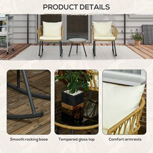 Set di 3 Sedie a Dondolo da Esterno in Rattan Bianco Crema, Resistenti alle Intemperie, con Cuscini per Giardini e Bistrot - Product Image 6