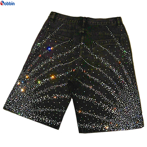 Pantalones Cortos de Mezclilla Tejida Estilo Hip Hop Casual de Verano con Lavado Vintage, Estampado Completo y Pedrería, Fabricación Personalizada, Pierna Recta para Hombre - Product Image 3