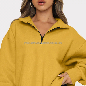 Pull décontracté pour femme, jaune moutarde, col montant, fermeture éclair, manches chauve-souris, tricoté, couleur unie, à manches longues, pour l'automne - Product Image 4