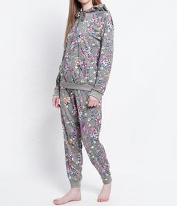 Floral Print <b>Tracksuit</b> Hooded Full Sleeve Casual Wear Spring Cotton Sweatshirt Pants Set With Side Pockets Elastic Waist - Product Image 3