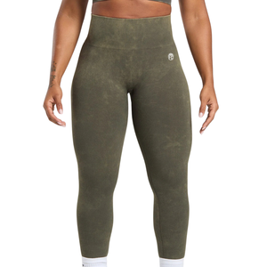 Women's High Waisted Acid Wash <b>Seamless</b> <b>Leggings</b> Olive Green Ribbed Yoga Pants for Gym Workout Fitness and Trendy Athleisure - Product Image 1