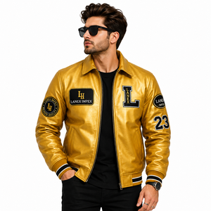 Custom Gold Leather Varsity Jacket for Men Luxury Letterman Bomber Jacket with Embroidered Chenille Patches OEM ODM Wholesale - Product Image 1
