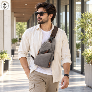Grey Canvas Crossbody Sling <b>Bag</b> with Diagonal Zip and Buckle | Multi Pocket Shoulder Chest <b>Bag</b> with Padded Strap for Daily <b>Trips</b> - Product Image 3