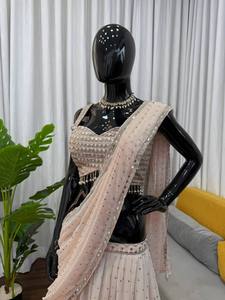 Lehenga Sari beige en faux georgette avec broderie de fils et de sequins, tenue ethnique pour femmes pour les mariages et les fêtes - Product Image 4