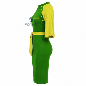 Vestido Midi Ajustado de Mujer Chi Eta Phi con Bloques de Color Verde y Amarillo en Contraste, Manga Capa, Detalle de Botones y Lazo en la Cintura - Product Image 4