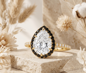 14K Gold Pear Cut Moissanite Engagement <b>Ring</b> with Black <b>Diamond</b> Halo & Pavé Band – Custom Fine Jewelry - Product Image 1